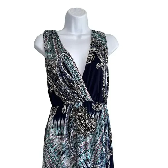 Renee C Wynne Knit Maxi Dress Blue Paisley Womens Medium Vacation Resortwear - Picture 2 of 6